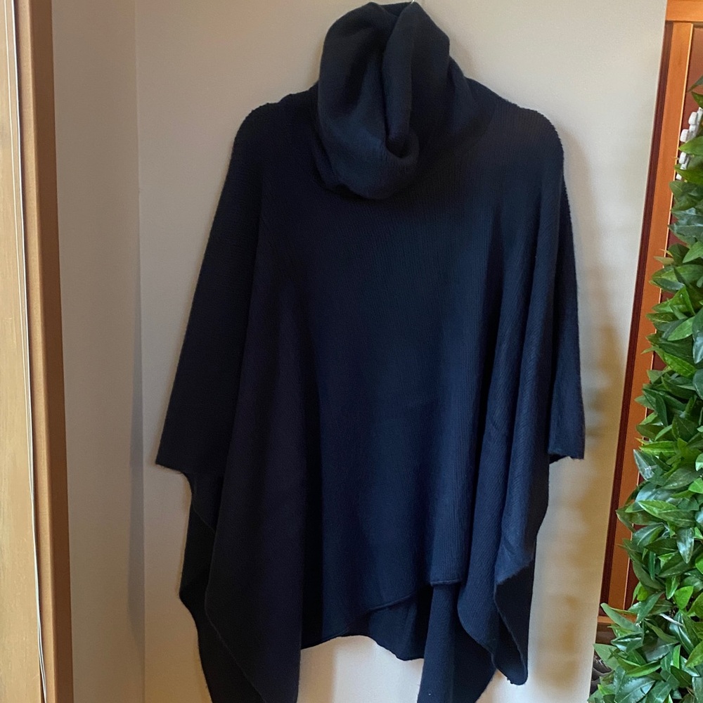 Blue Knit Poncho with Cowl Neck